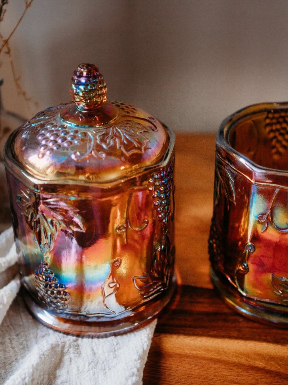 Vintage Indiana Glass Amber Carnival Grape Canister Set – Iridescent Harvest